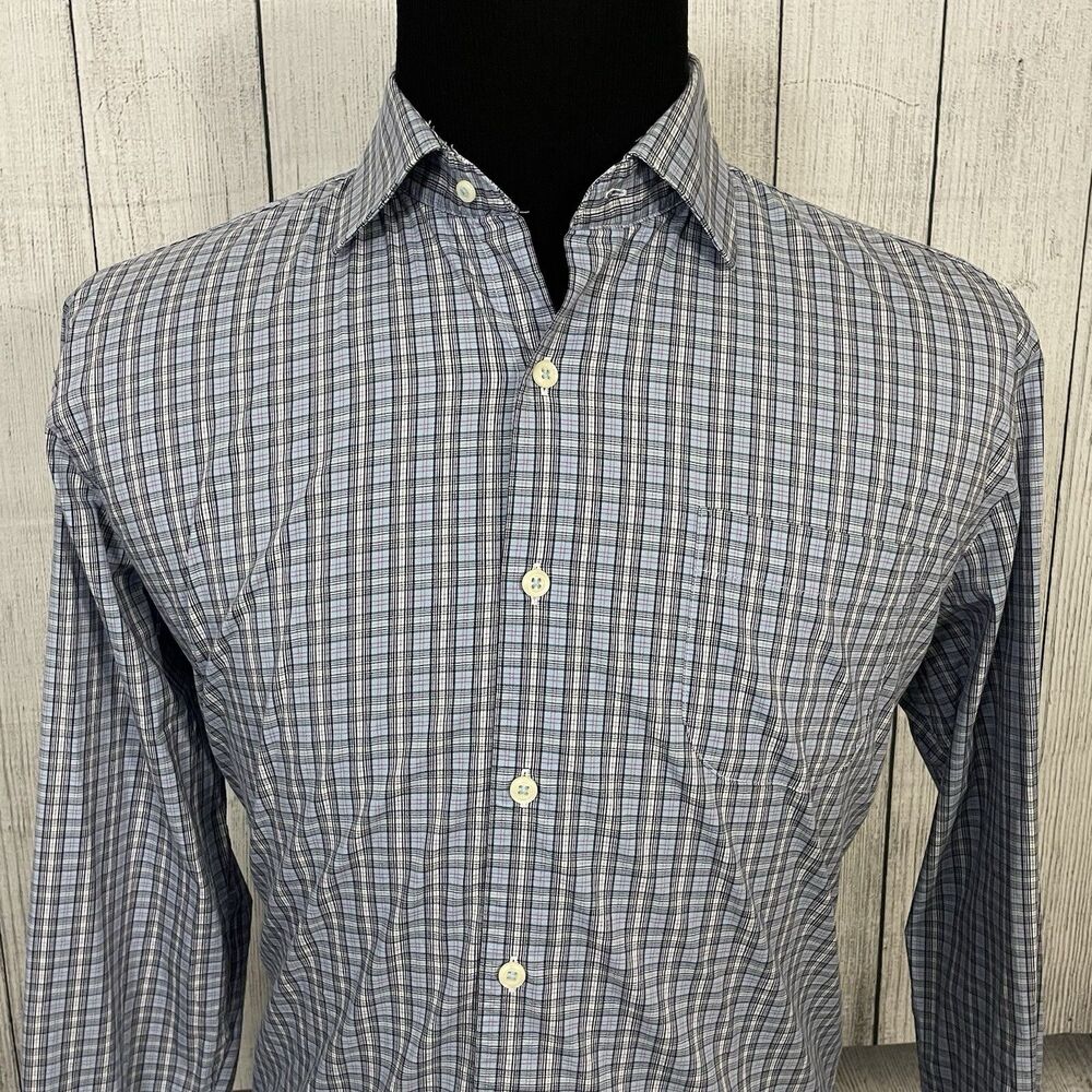 Peter Millar Men's Large Blue Check Cotton / Poly Long Sleeve Button-Front Shirt